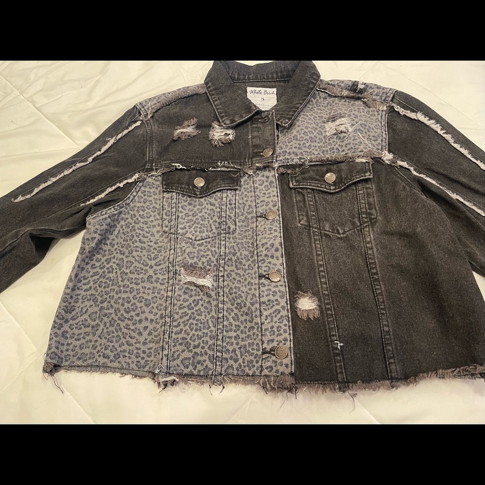 New without Tags White Birch Distressed Denim Jacket with Animal Print Size S